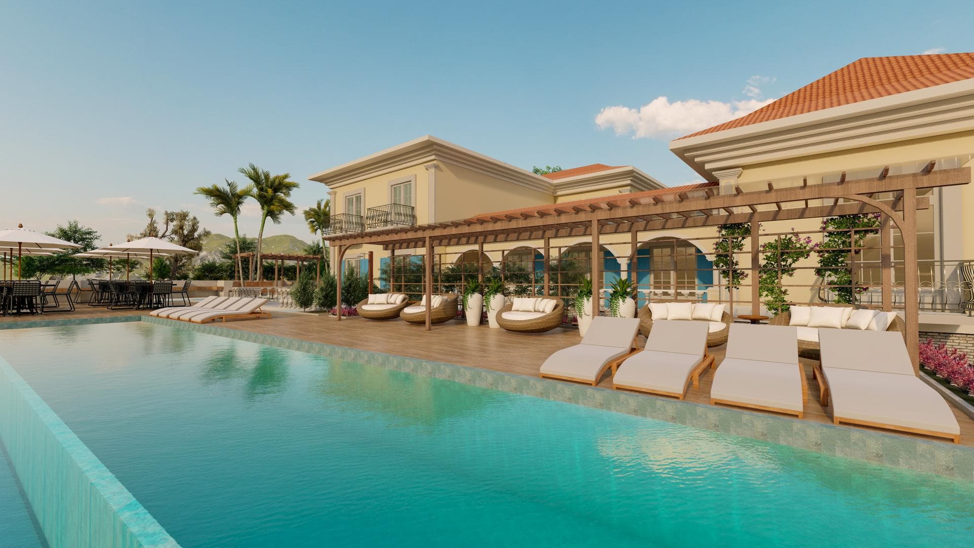 Piscina com a Casa Amarela ao fundo