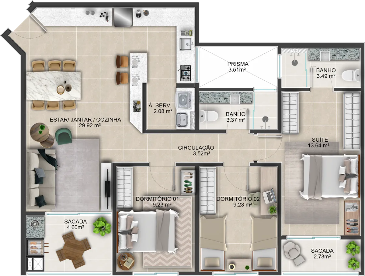 Planta do apartamento de 3 quartos
